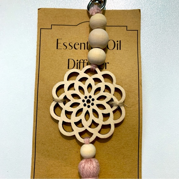 Essential Oil Mandala Keychain Diffuser with Wooden Beads and Pink Yarn Tassle - Picture 3 of 5